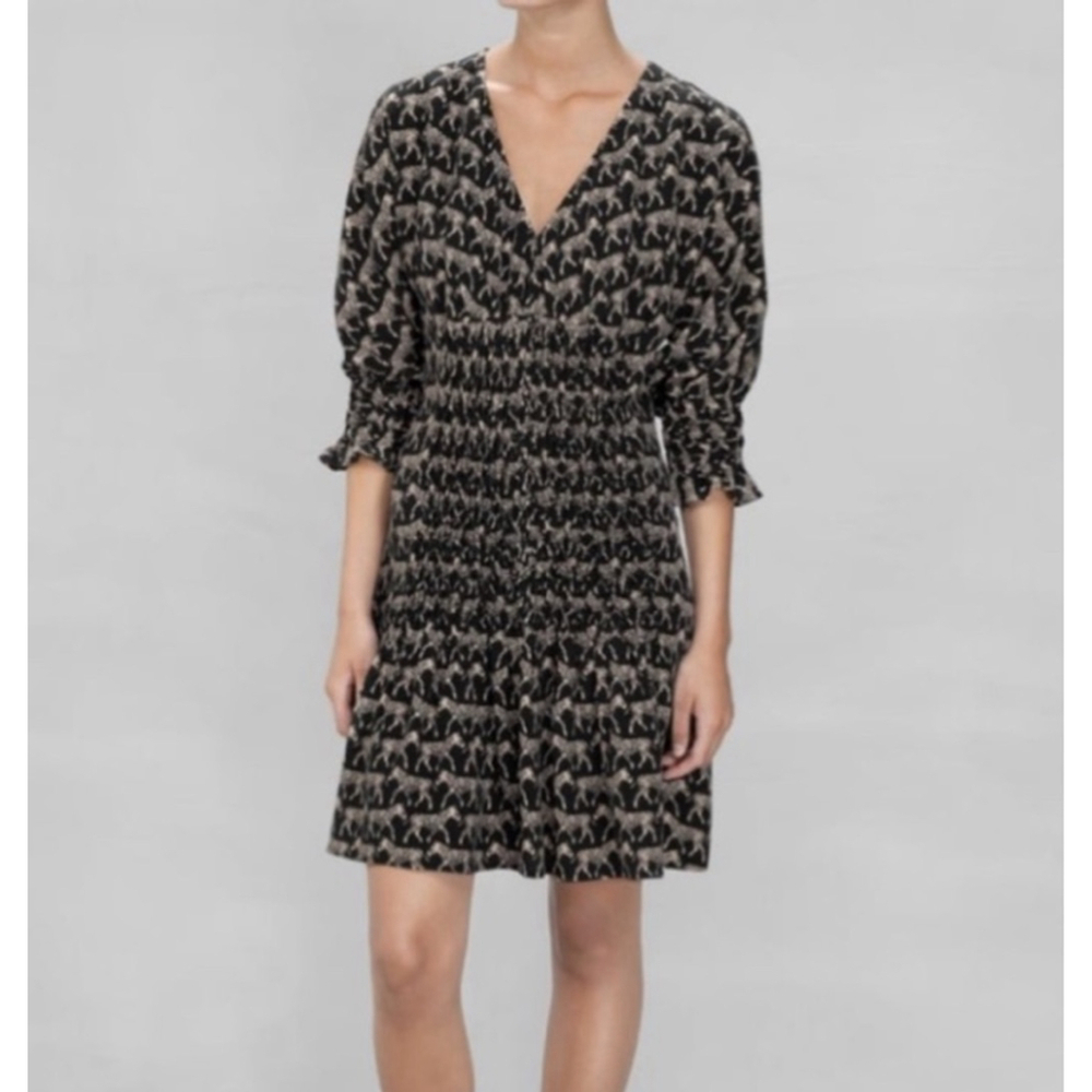 & Other Stories Black Beige Zebra Print Long Sleeve Dress US 6